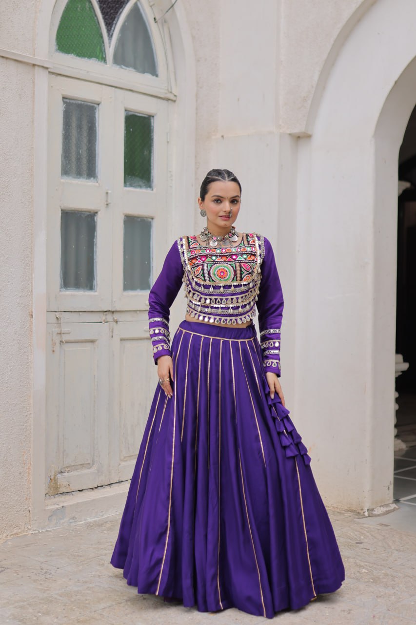 Purple Navratri Special Roman Fabric Lehenga Choli with Kutchi Gamthi & Mirror Work