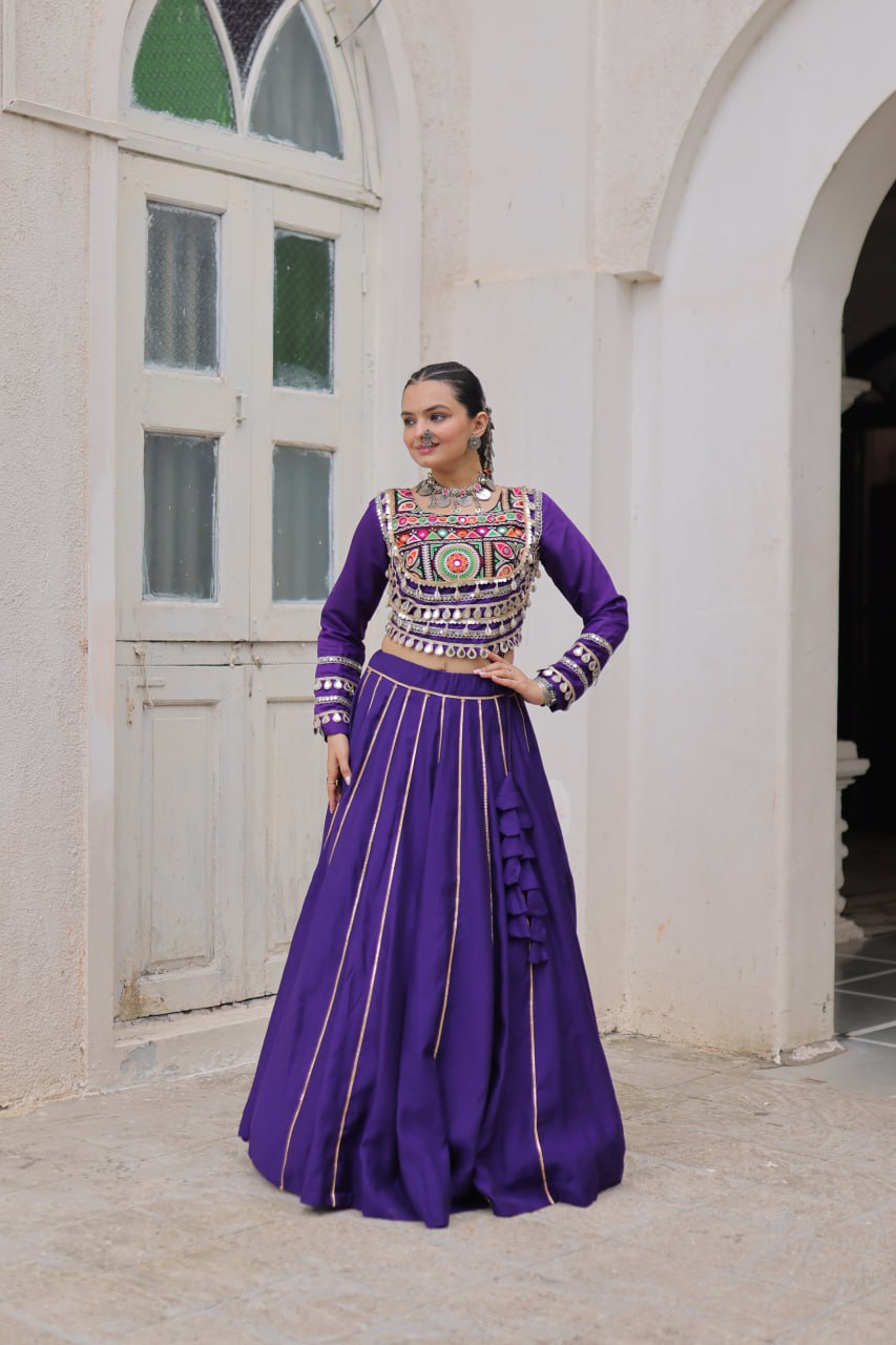 Purple Navratri Special Roman Fabric Lehenga Choli with Kutchi Gamthi & Mirror Work