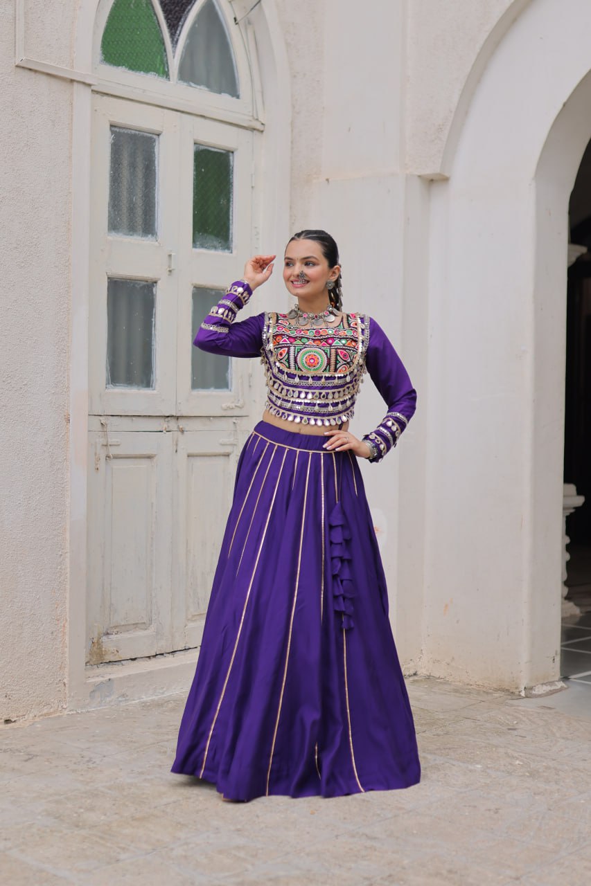 Purple Navratri Special Roman Fabric Lehenga Choli with Kutchi Gamthi & Mirror Work