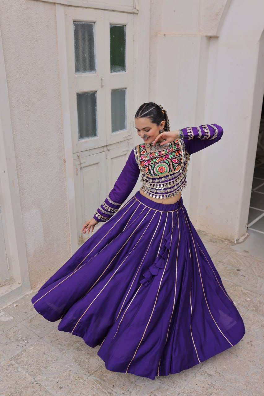 Purple Navratri Special Roman Fabric Lehenga Choli with Kutchi Gamthi & Mirror Work