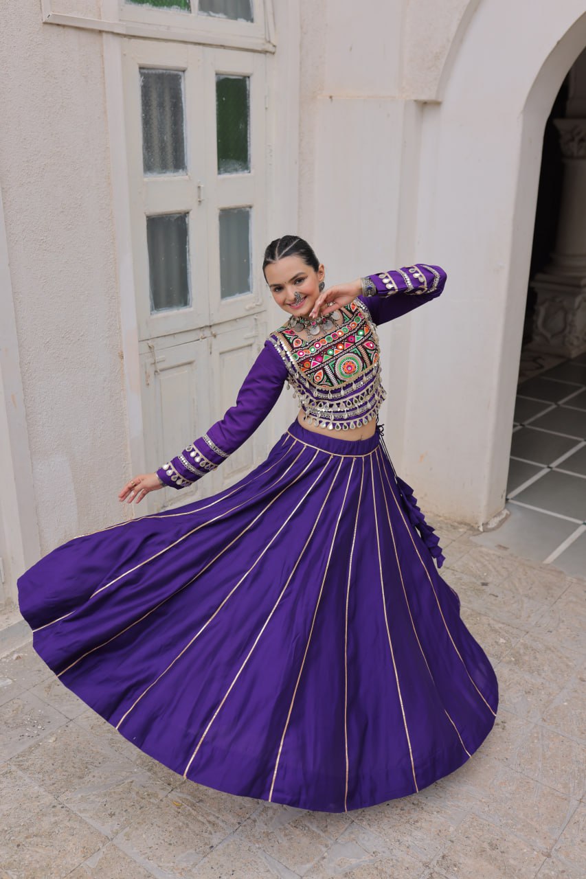 Purple Navratri Special Roman Fabric Lehenga Choli with Kutchi Gamthi & Mirror Work