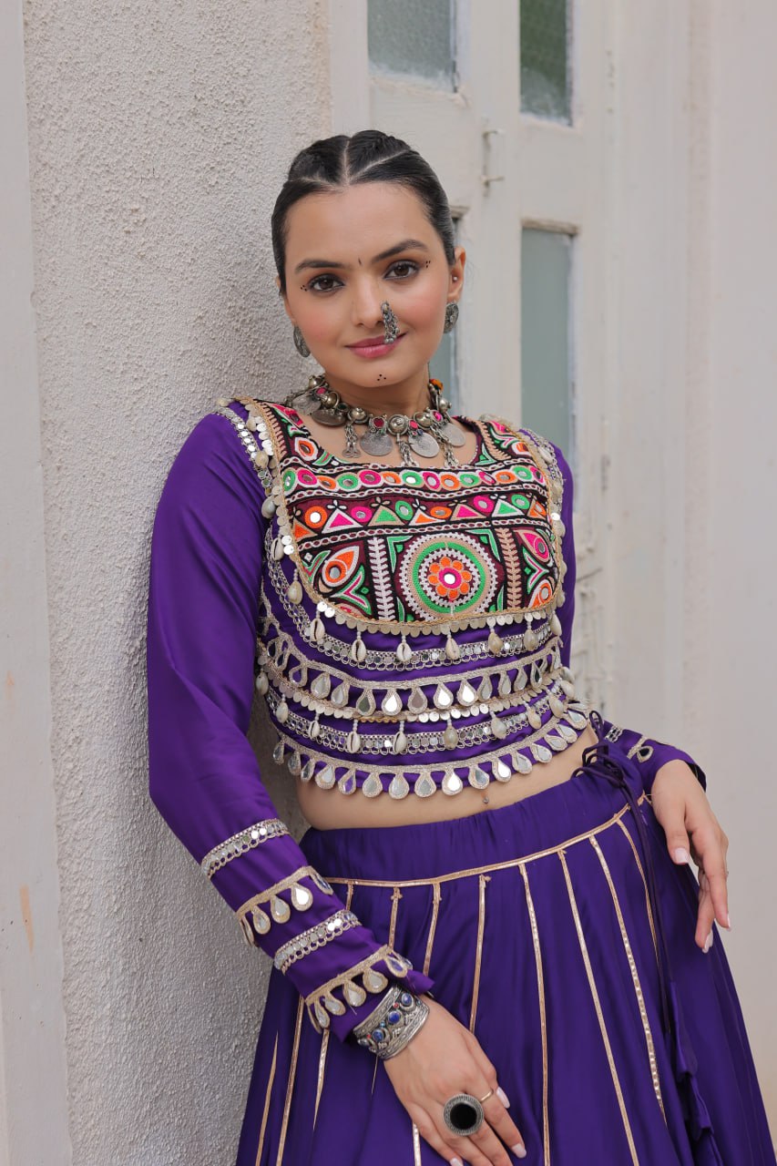 Purple Navratri Special Roman Fabric Lehenga Choli with Kutchi Gamthi & Mirror Work