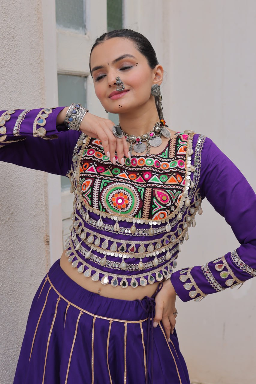 Purple Navratri Special Roman Fabric Lehenga Choli with Kutchi Gamthi & Mirror Work