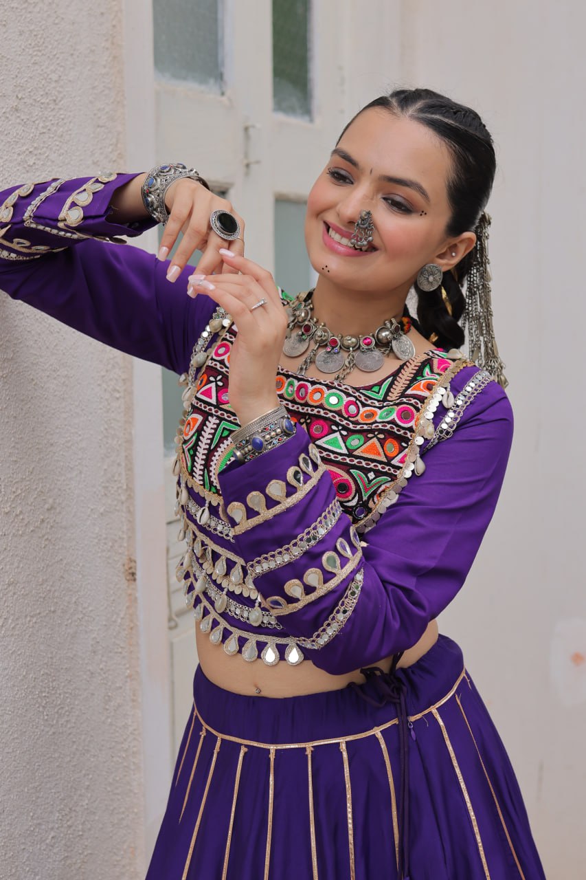 Purple Navratri Special Roman Fabric Lehenga Choli with Kutchi Gamthi & Mirror Work