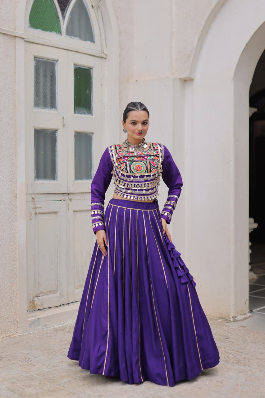 Purple Navratri Special Roman Fabric Lehenga Choli with Kutchi Gamthi & Mirror Work