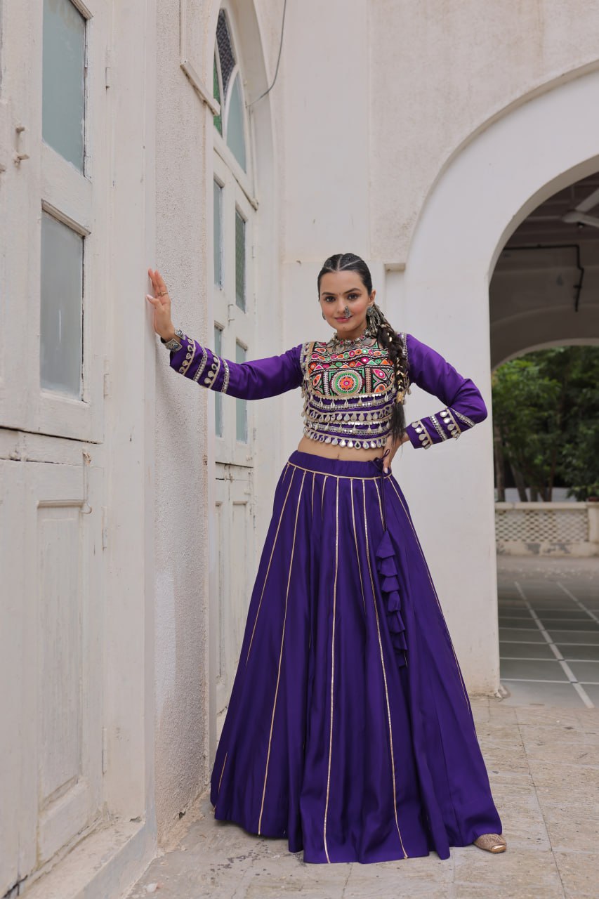 Purple Navratri Special Roman Fabric Lehenga Choli with Kutchi Gamthi & Mirror Work