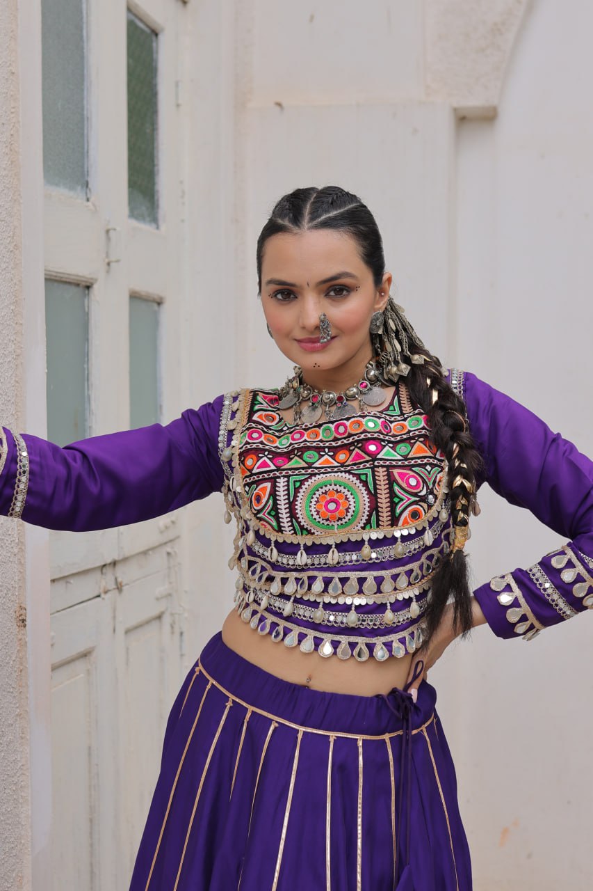 Purple Navratri Special Roman Fabric Lehenga Choli with Kutchi Gamthi & Mirror Work