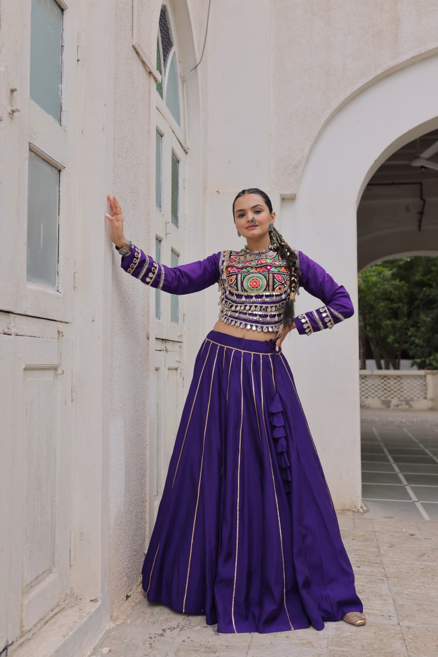 Purple Navratri Special Roman Fabric Lehenga Choli with Kutchi Gamthi & Mirror Work