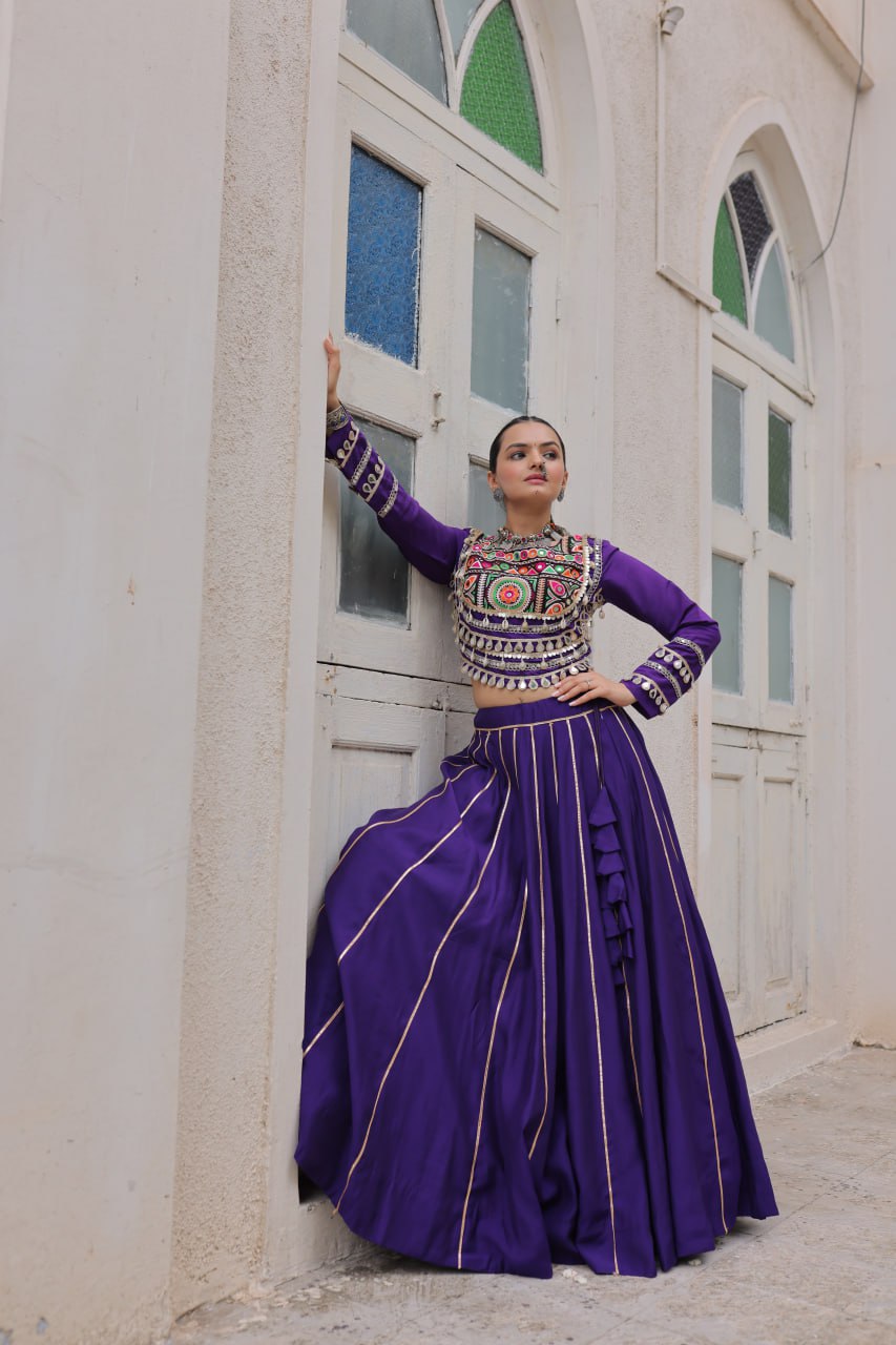Purple Navratri Special Roman Fabric Lehenga Choli with Kutchi Gamthi & Mirror Work