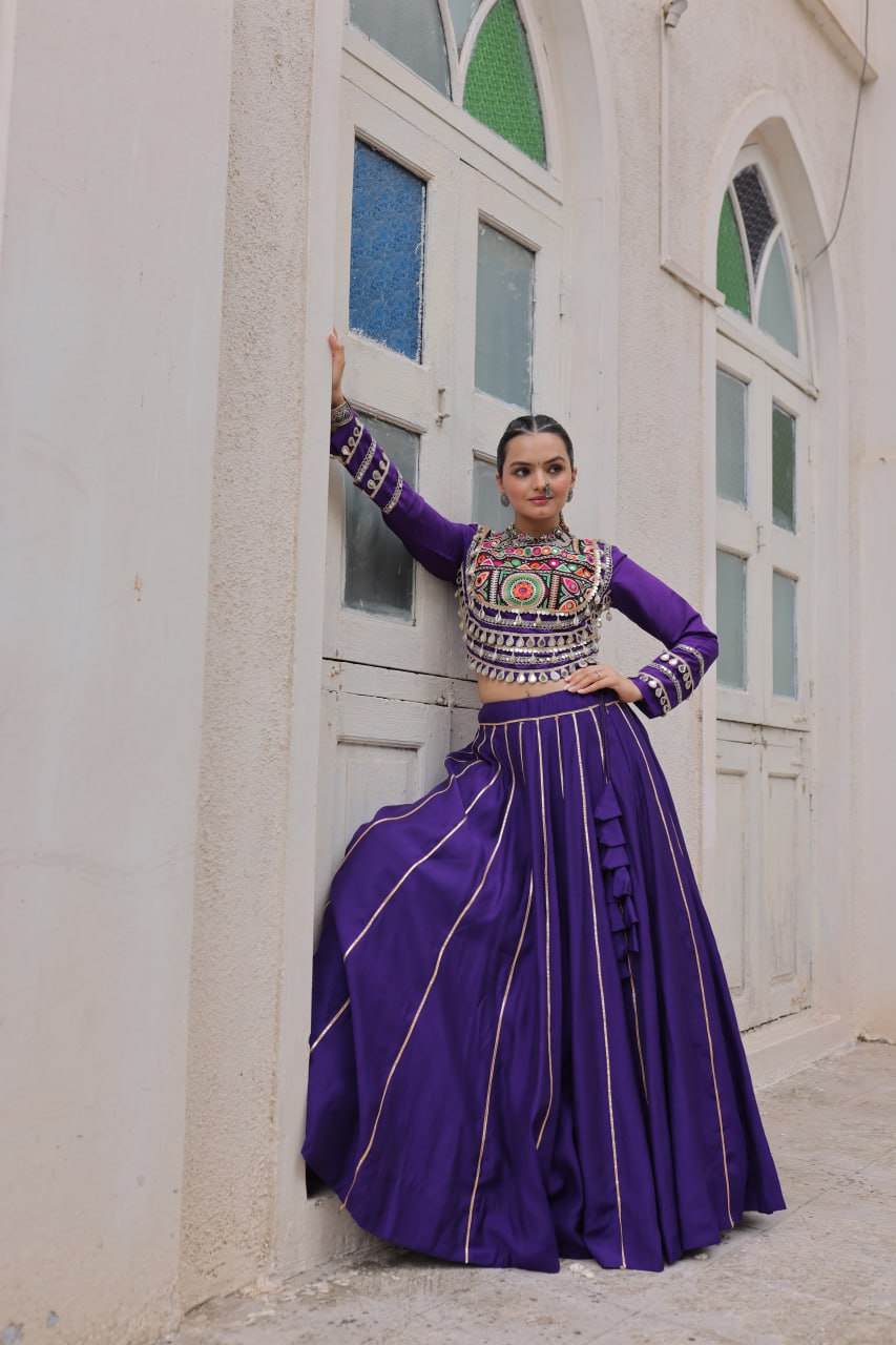 Purple Navratri Special Roman Fabric Lehenga Choli with Kutchi Gamthi & Mirror Work