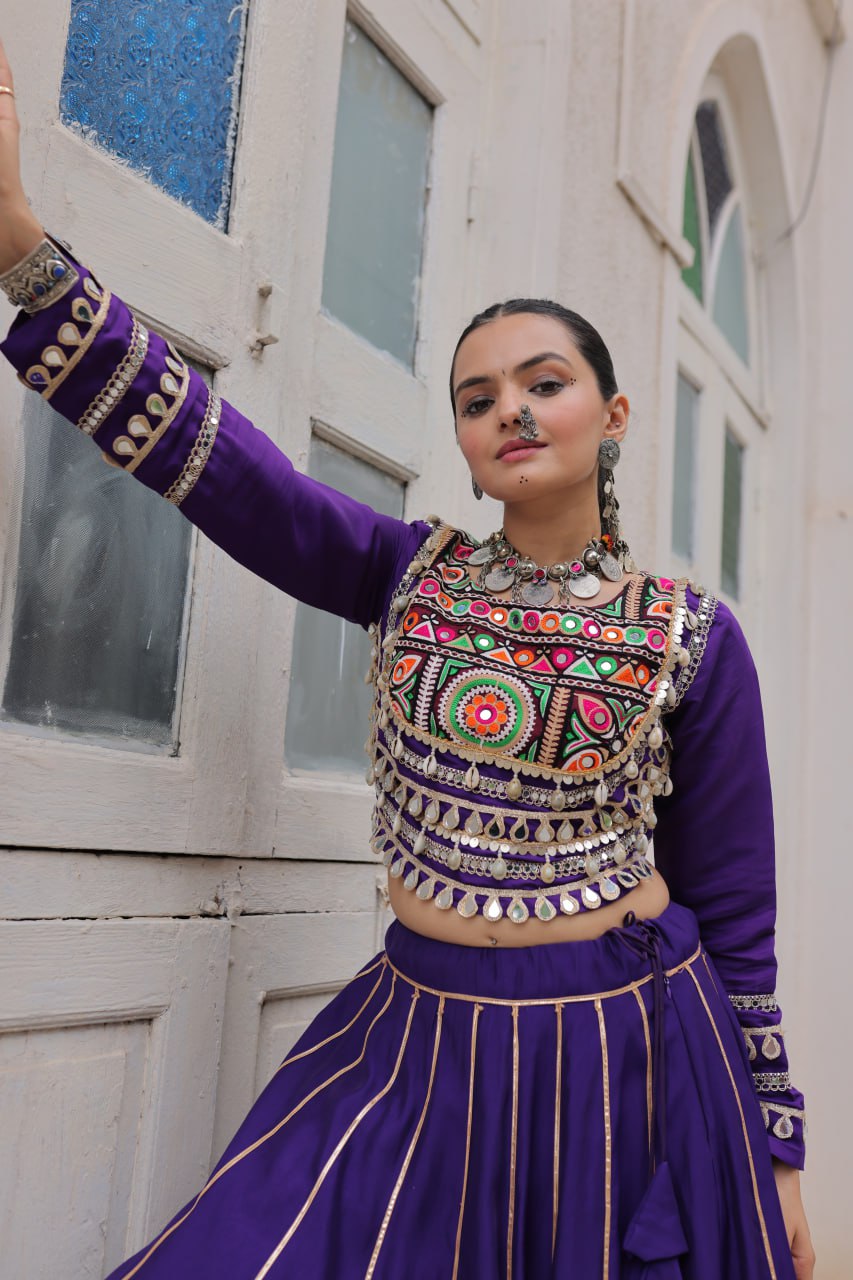 Purple Navratri Special Roman Fabric Lehenga Choli with Kutchi Gamthi & Mirror Work