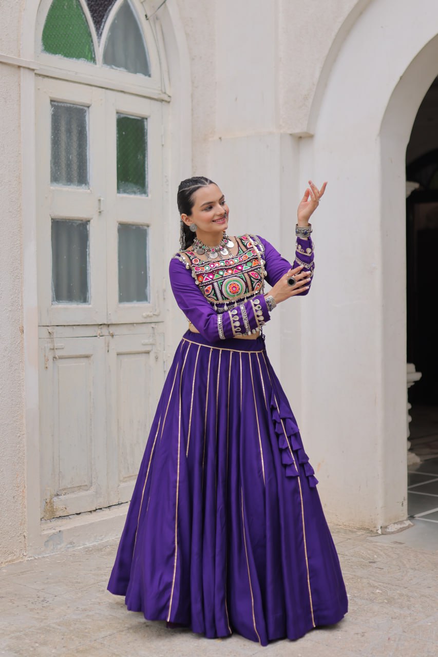 Purple Navratri Special Roman Fabric Lehenga Choli with Kutchi Gamthi & Mirror Work