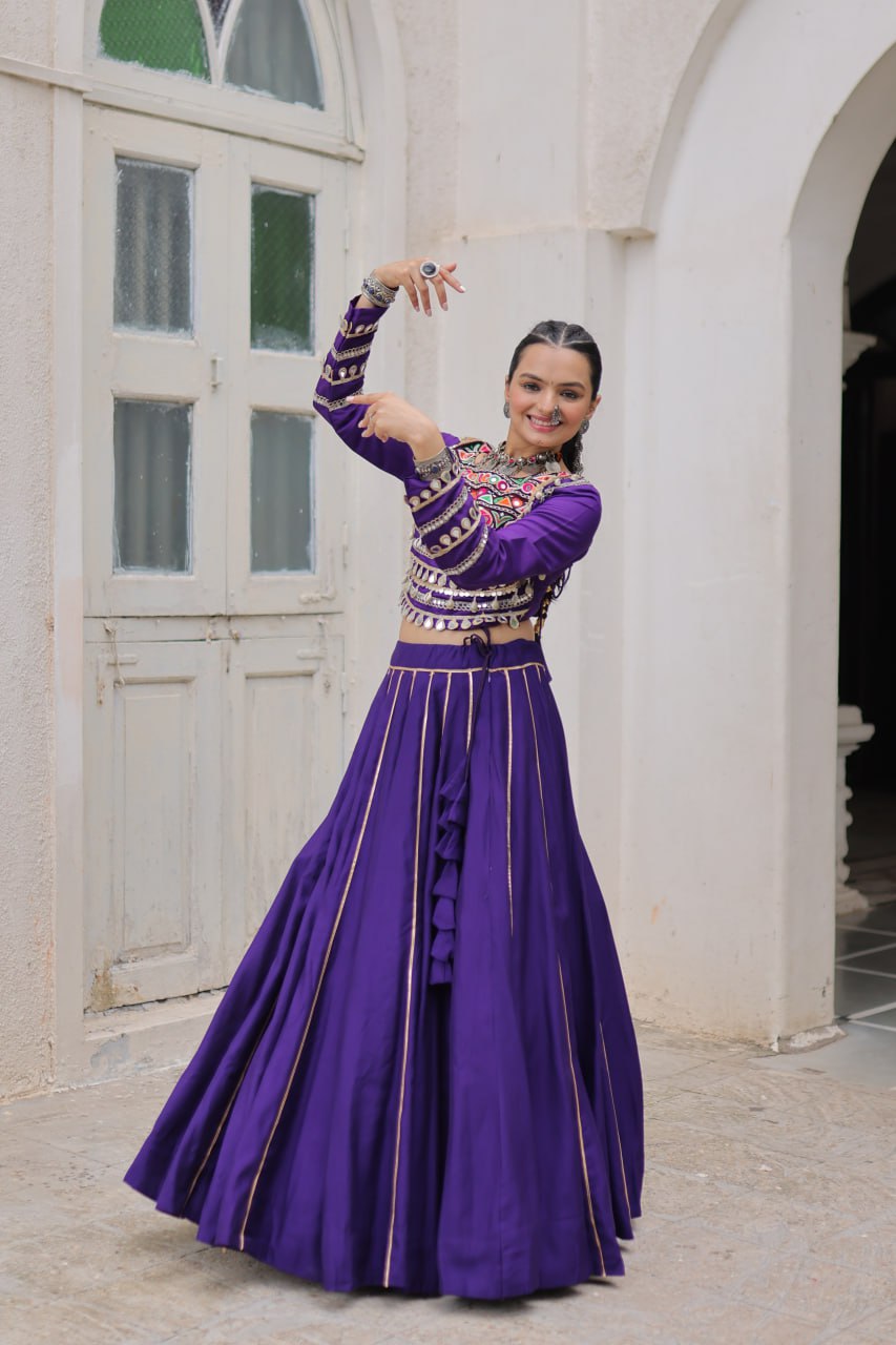 Purple Navratri Special Roman Fabric Lehenga Choli with Kutchi Gamthi & Mirror Work