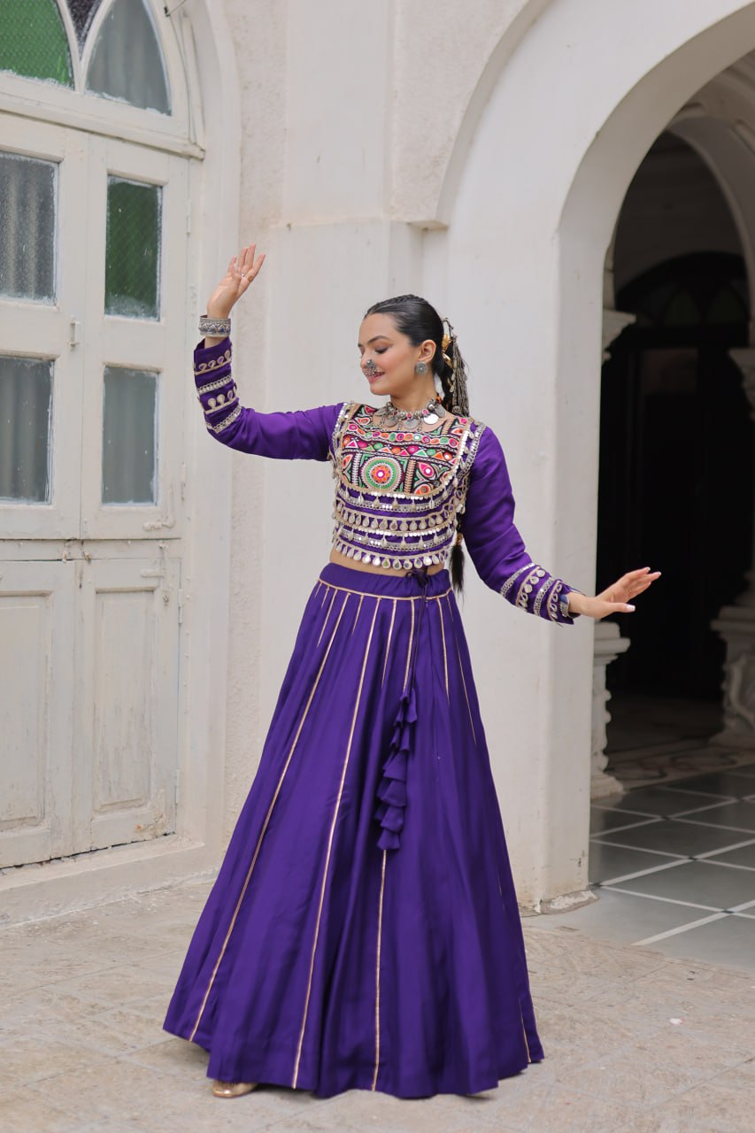 Purple Navratri Special Roman Fabric Lehenga Choli with Kutchi Gamthi & Mirror Work