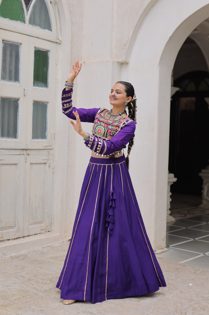 Purple Navratri Special Roman Fabric Lehenga Choli with Kutchi Gamthi & Mirror Work