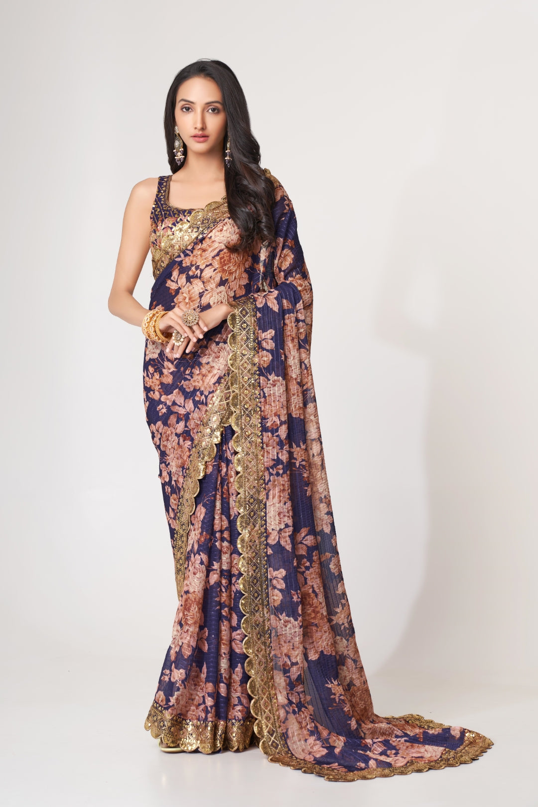 Purple Organza Saree with Sequin Embroidery and Digital Print