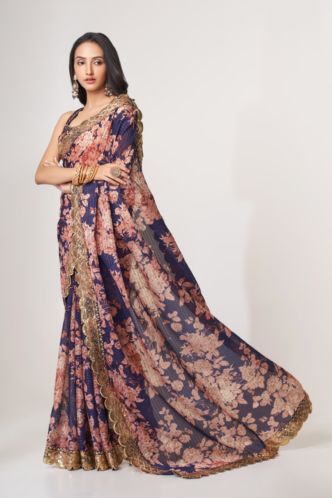 Purple Organza Saree with Sequin Embroidery and Digital Print