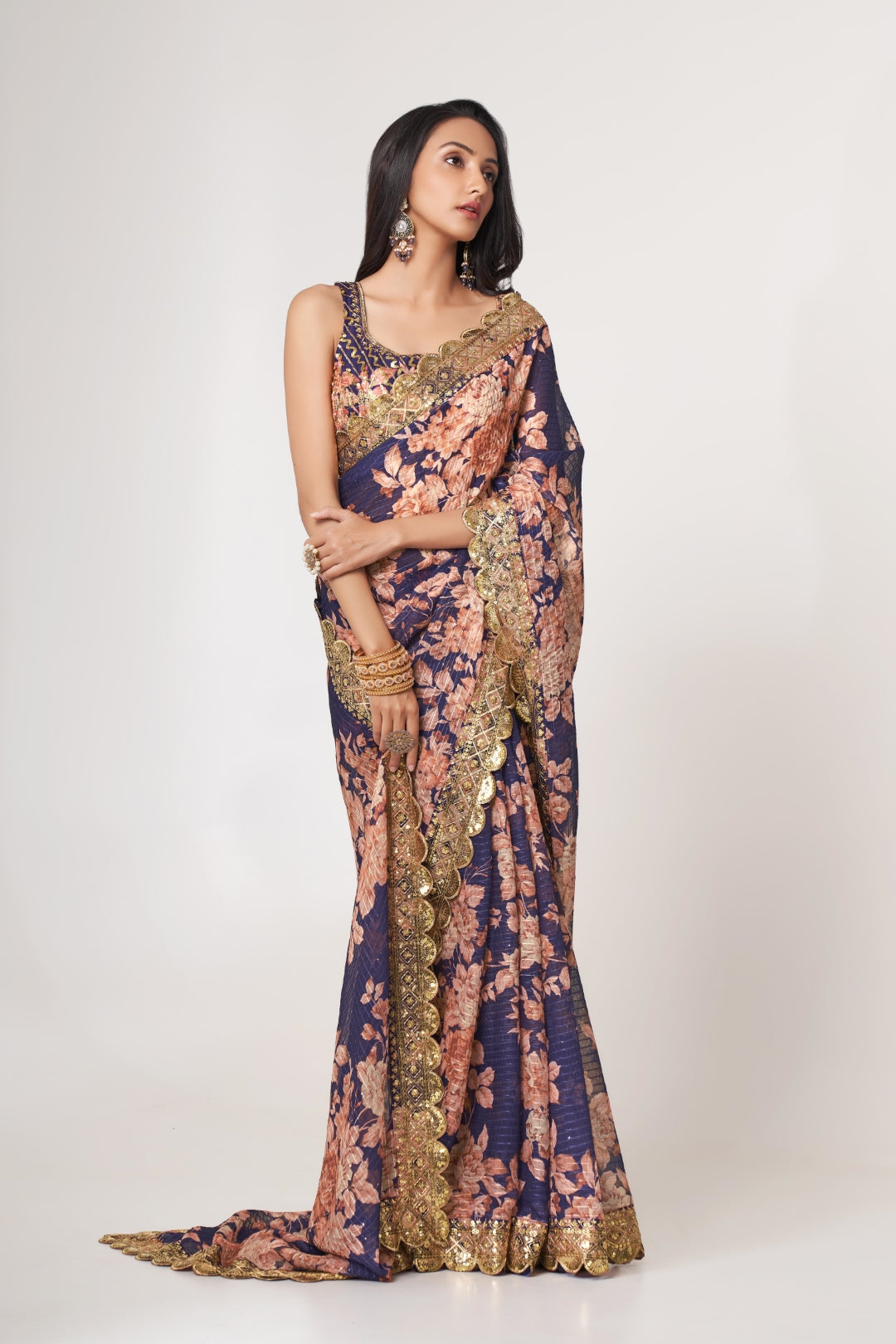 Purple Organza Saree with Sequin Embroidery and Digital Print