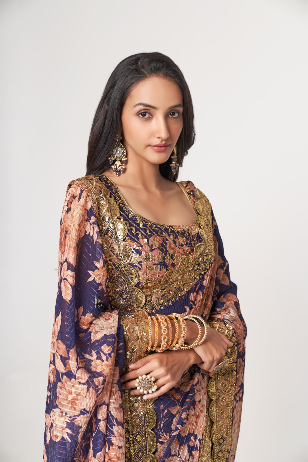 Purple Organza Saree with Sequin Embroidery and Digital Print