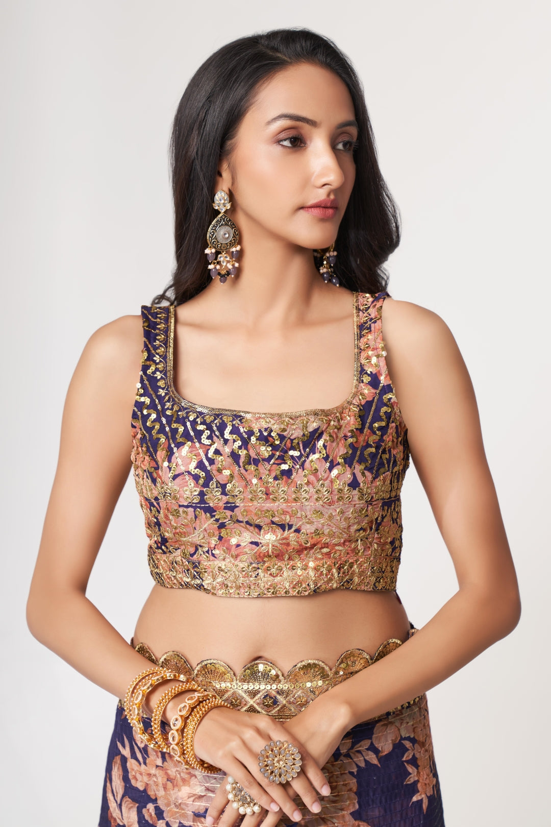 Purple Organza Saree with Sequin Embroidery and Digital Print