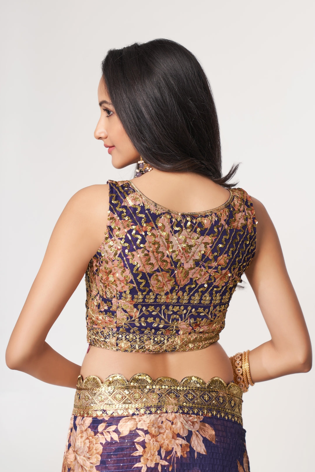 Purple Organza Saree with Sequin Embroidery and Digital Print