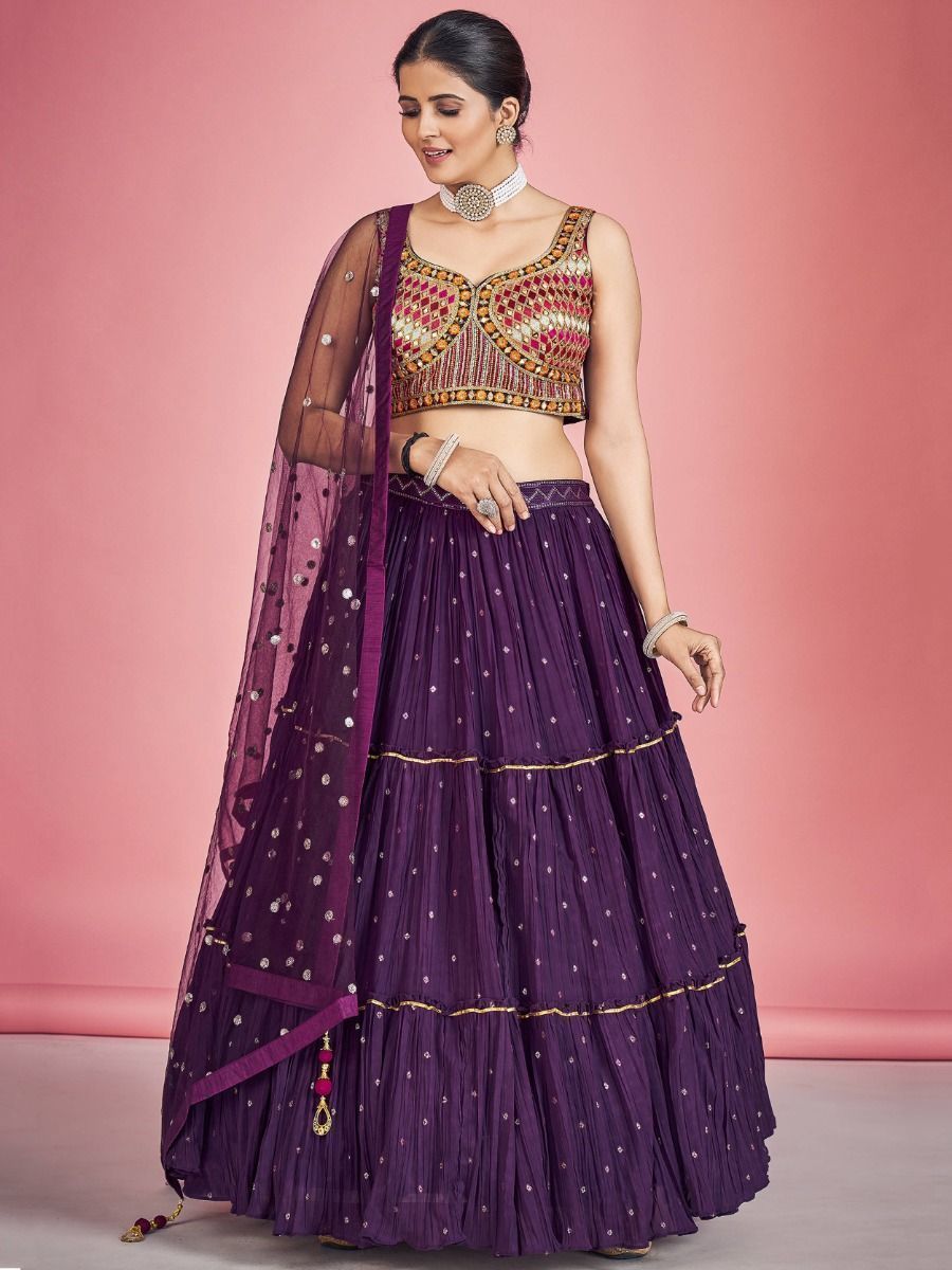 Purple Pakistani Georgette Lehenga Choli For Indian Festivals & Weddings - Sequence Embroidery Work, Thread Embroidery Work, Mirror Work