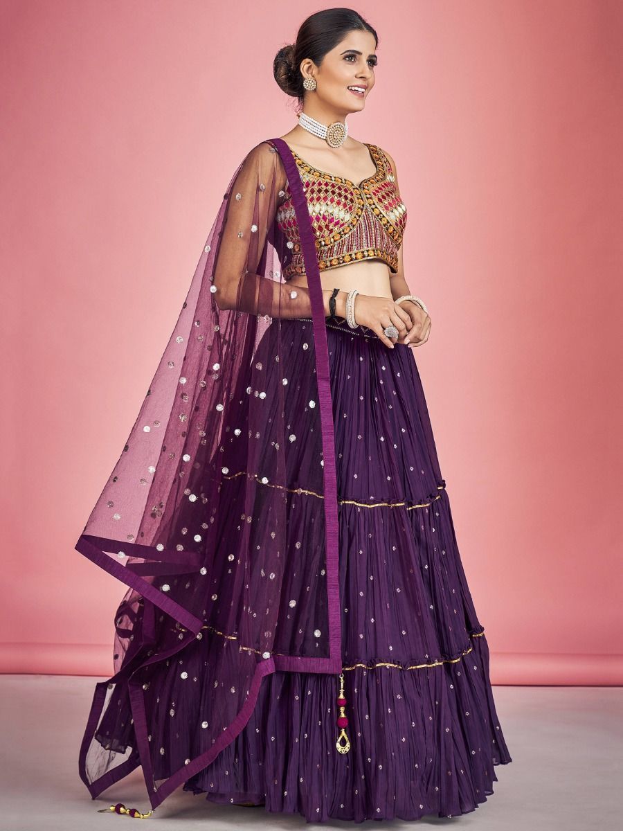 Purple Pakistani Georgette Lehenga Choli For Indian Festivals & Weddings - Sequence Embroidery Work, Thread Embroidery Work, Mirror Work