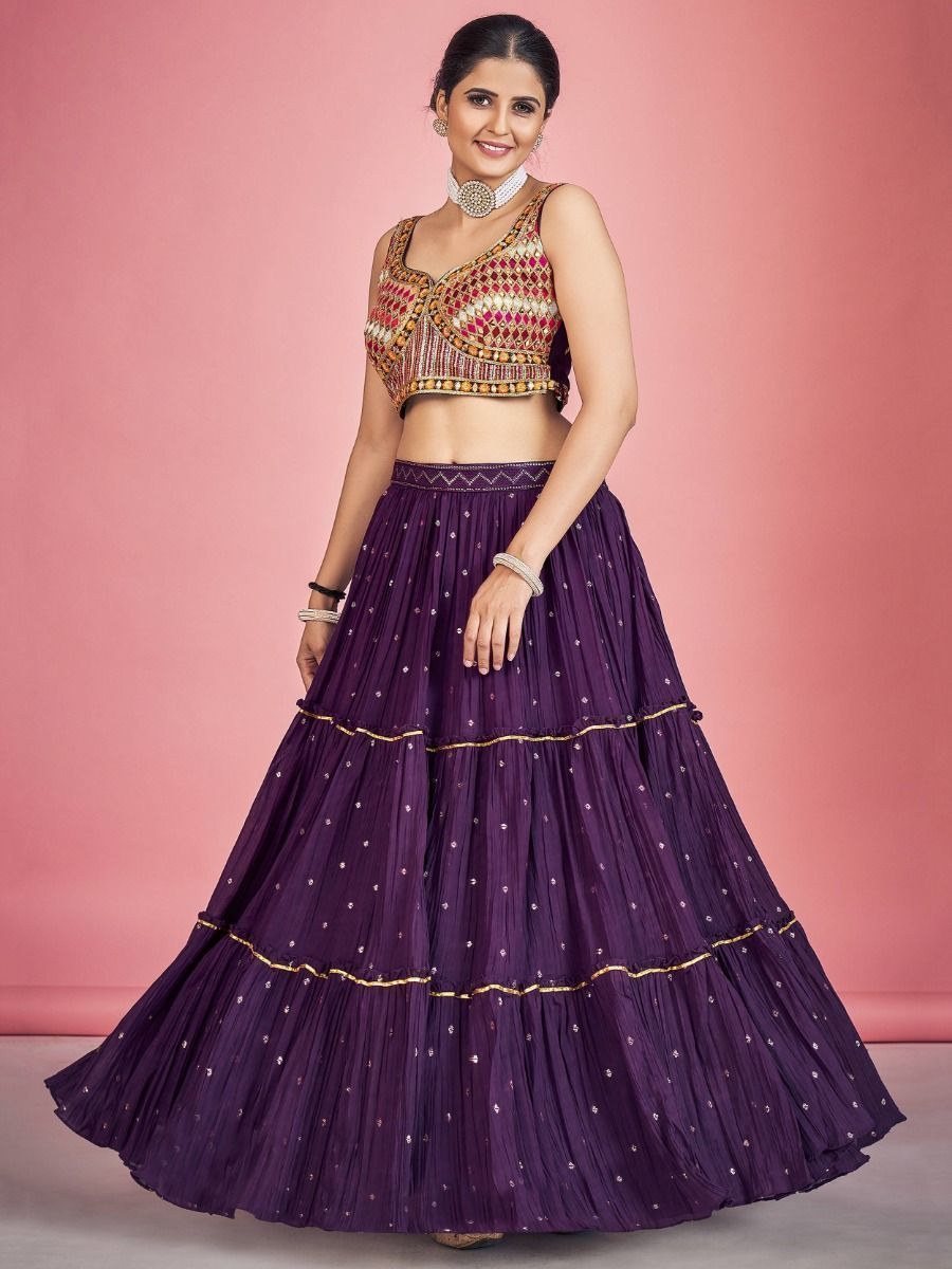 Purple Pakistani Georgette Lehenga Choli For Indian Festivals & Weddings - Sequence Embroidery Work, Thread Embroidery Work, Mirror Work