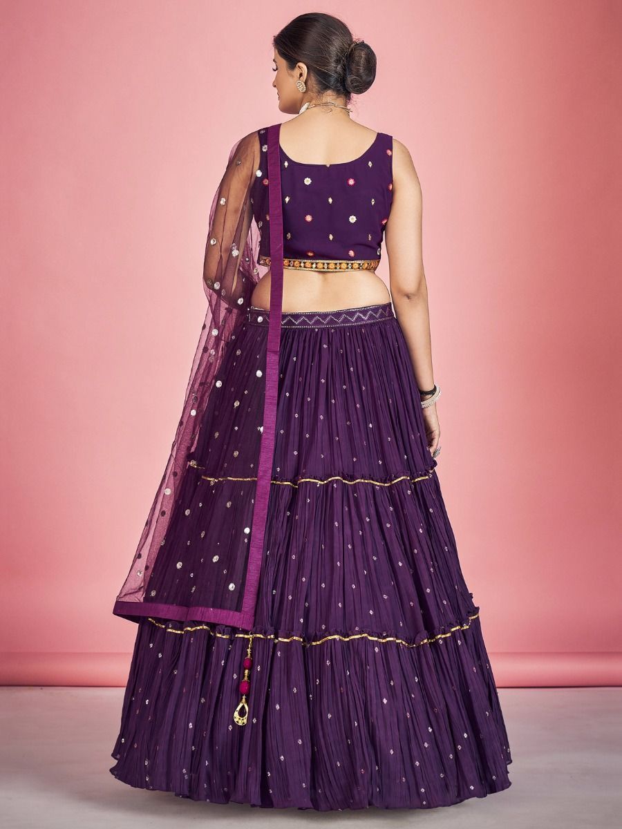 Purple Pakistani Georgette Lehenga Choli For Indian Festivals & Weddings - Sequence Embroidery Work, Thread Embroidery Work, Mirror Work