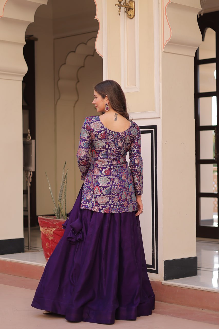 Purple Premium Vichitra Silk Lehenga Set with Jequard Blouse & Hexagon Latkan Detailing