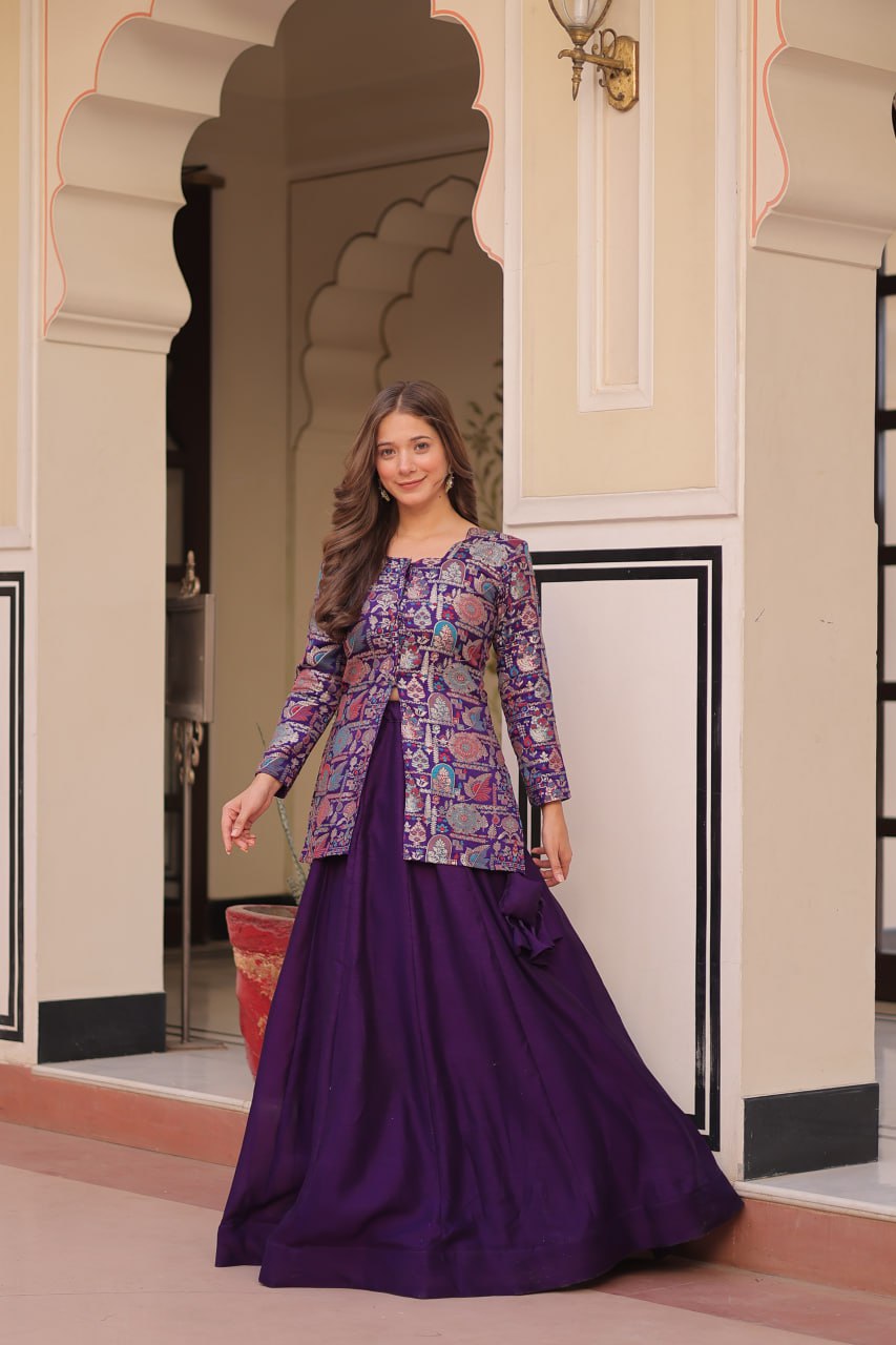 Purple Premium Vichitra Silk Lehenga Set with Jequard Blouse & Hexagon Latkan Detailing