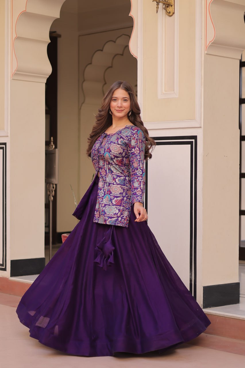 Purple Premium Vichitra Silk Lehenga Set with Jequard Blouse & Hexagon Latkan Detailing