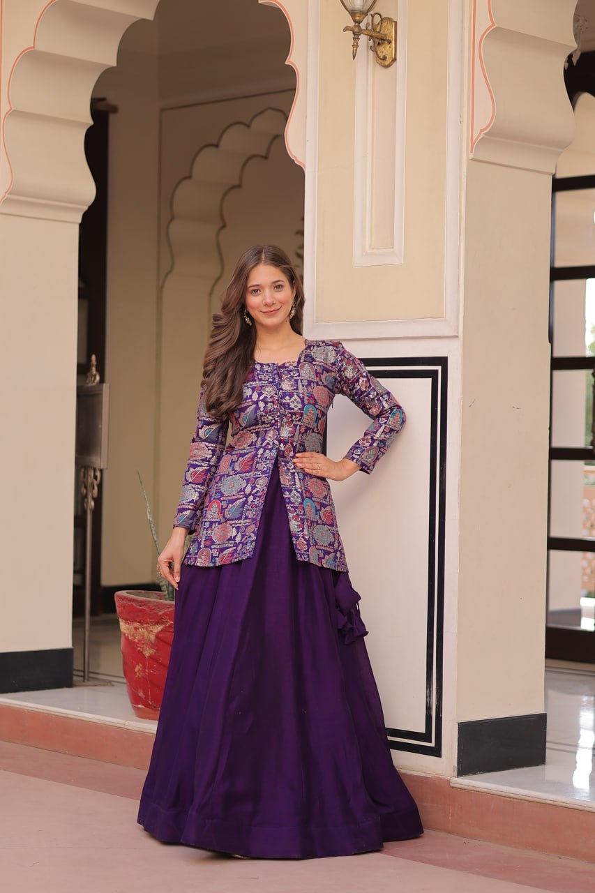 Purple Premium Vichitra Silk Lehenga Set with Jequard Blouse & Hexagon Latkan Detailing