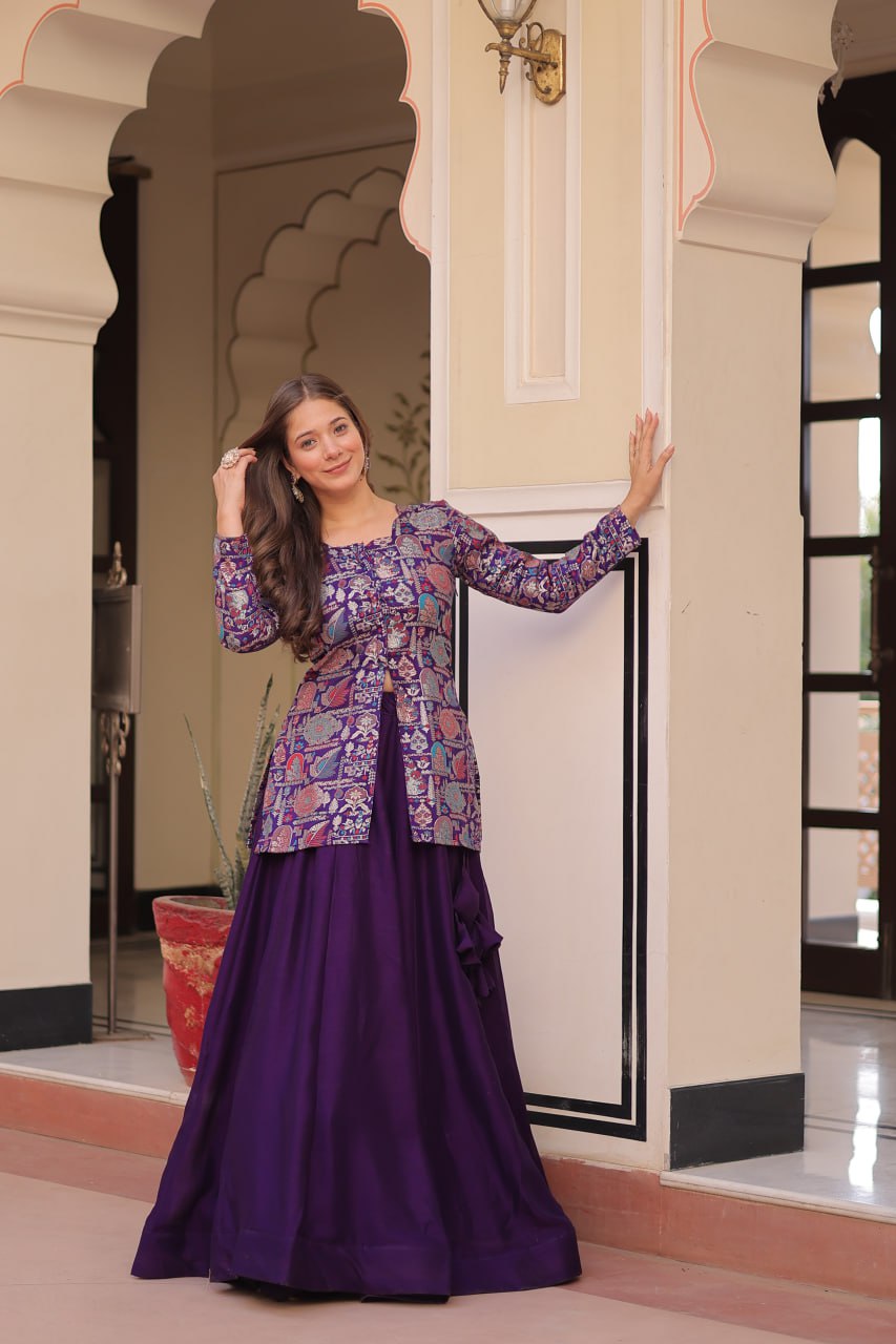 Purple Premium Vichitra Silk Lehenga Set with Jequard Blouse & Hexagon Latkan Detailing