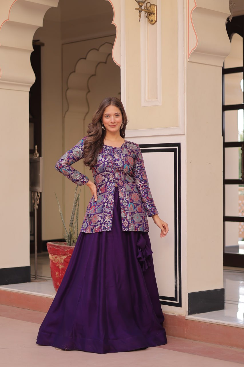 Purple Premium Vichitra Silk Lehenga Set with Jequard Blouse & Hexagon Latkan Detailing