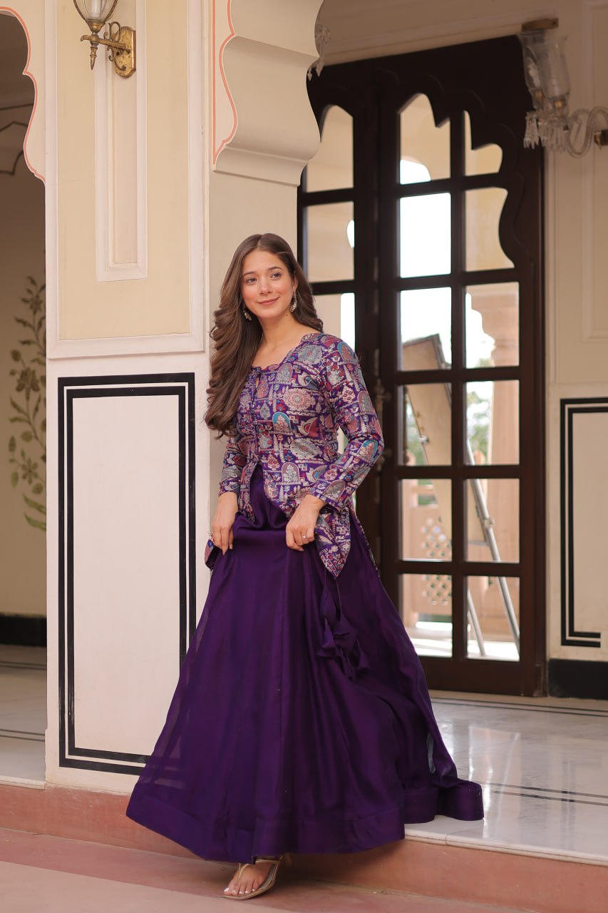 Purple Premium Vichitra Silk Lehenga Set with Jequard Blouse & Hexagon Latkan Detailing