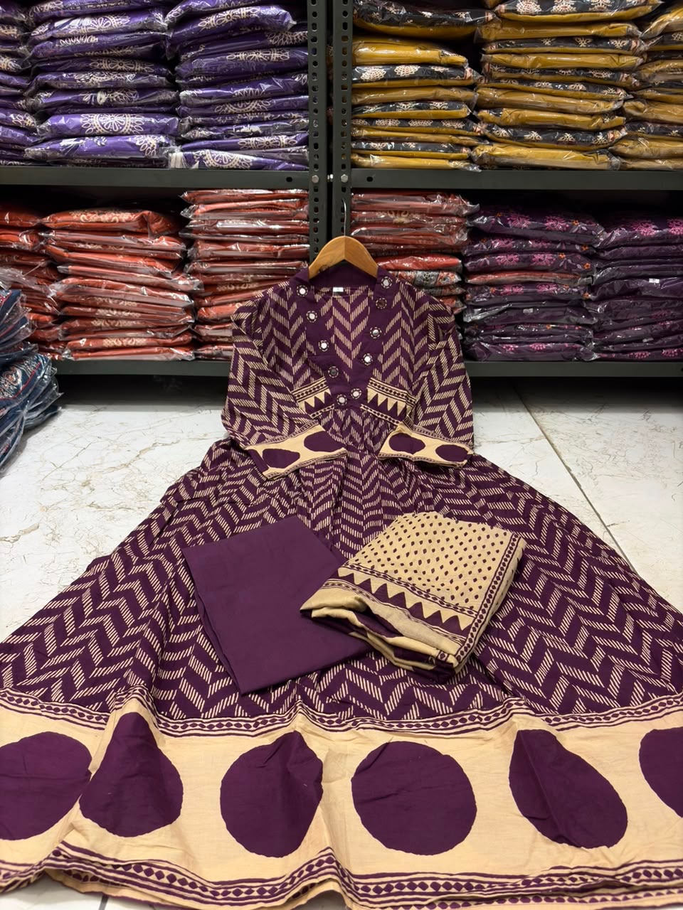 Purple Procin Print A-Line Cotton Kurti Set with Pant & Mal Mal Dupatta