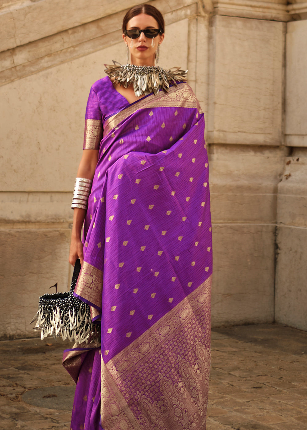 Purple Regal Banarasi Blended Silk Saree with Intricate Timeless Design & Unstitched Blouse