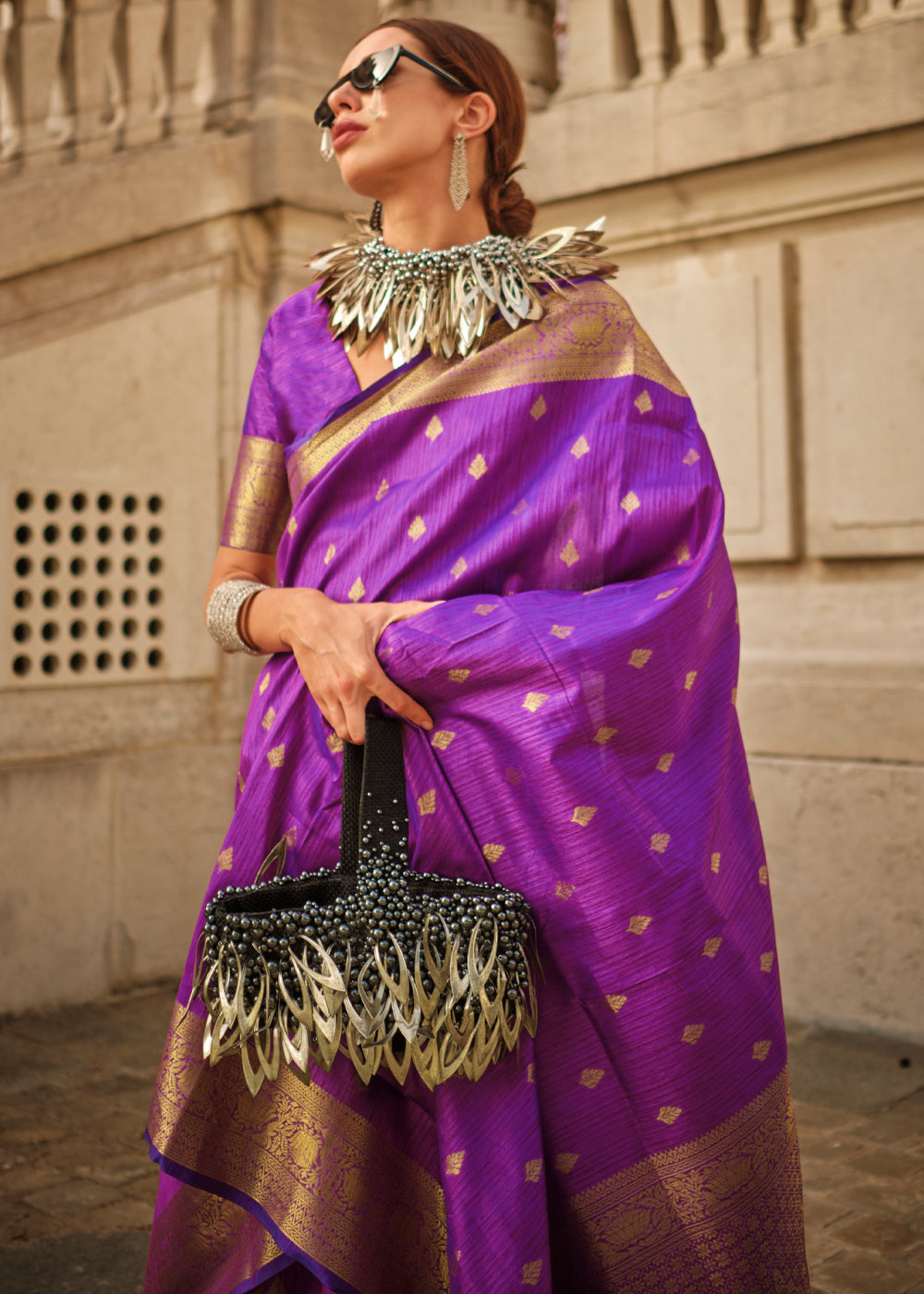 Purple Regal Banarasi Blended Silk Saree with Intricate Timeless Design & Unstitched Blouse