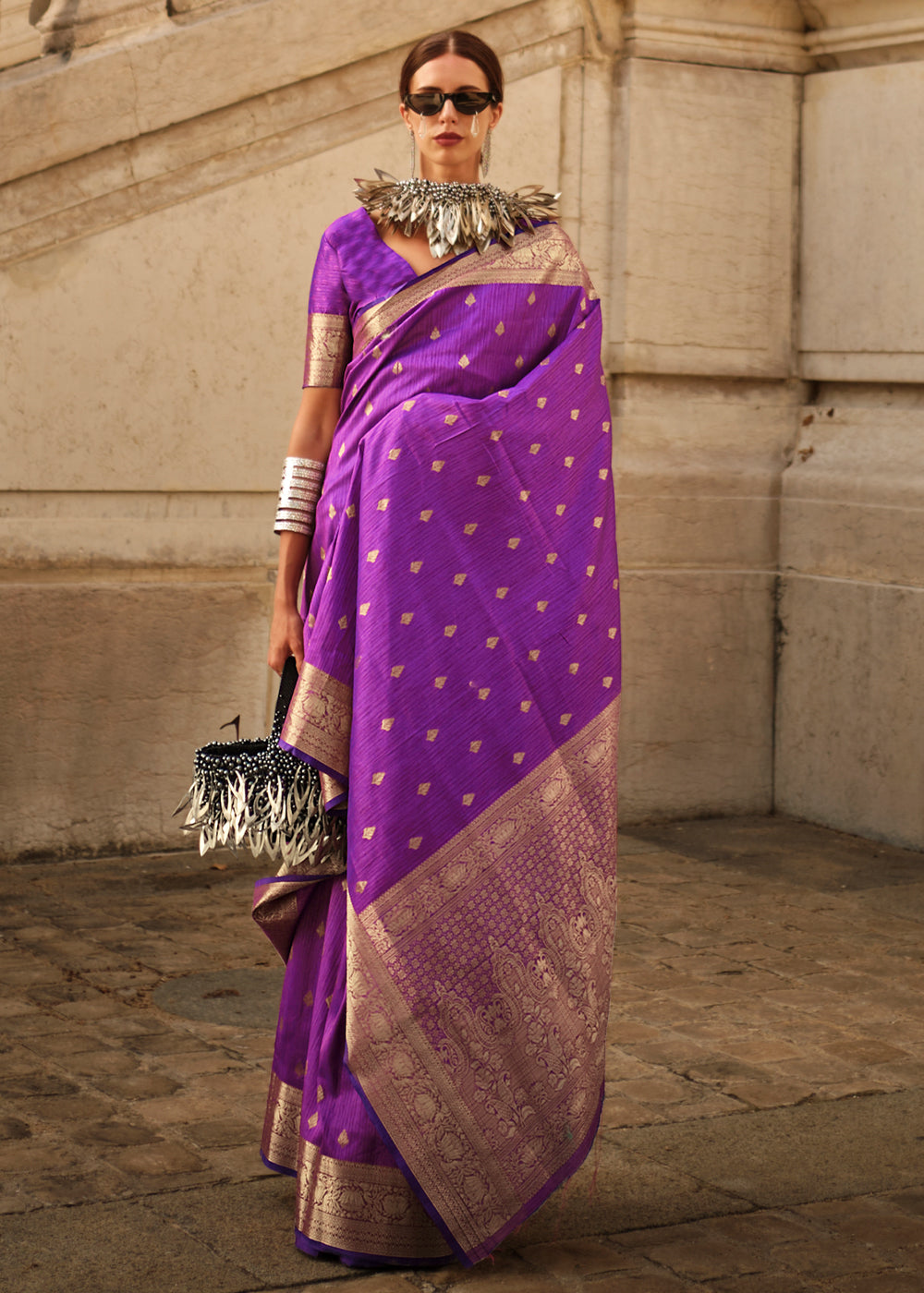 Purple Regal Banarasi Blended Silk Saree with Intricate Timeless Design & Unstitched Blouse