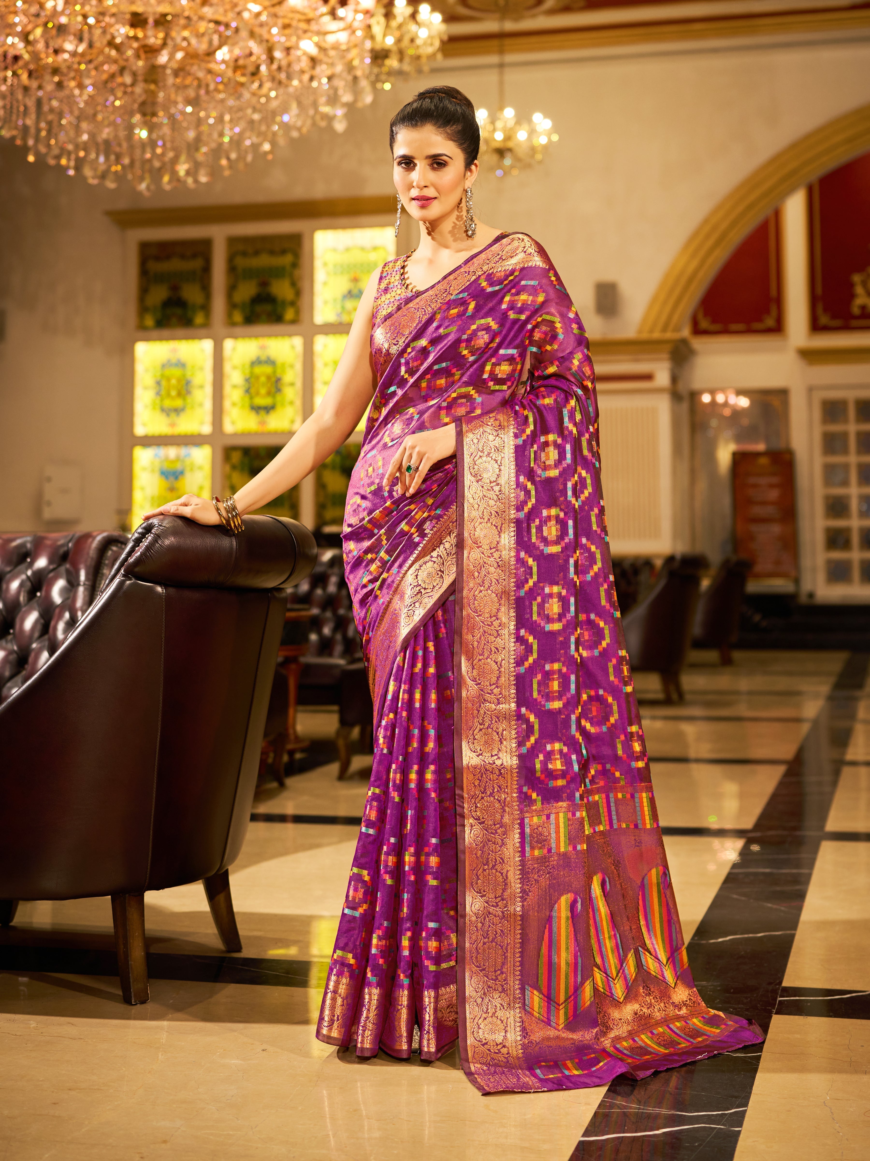 Purple Regal Kanjeevaram Organza Saree with Zari Woven Border