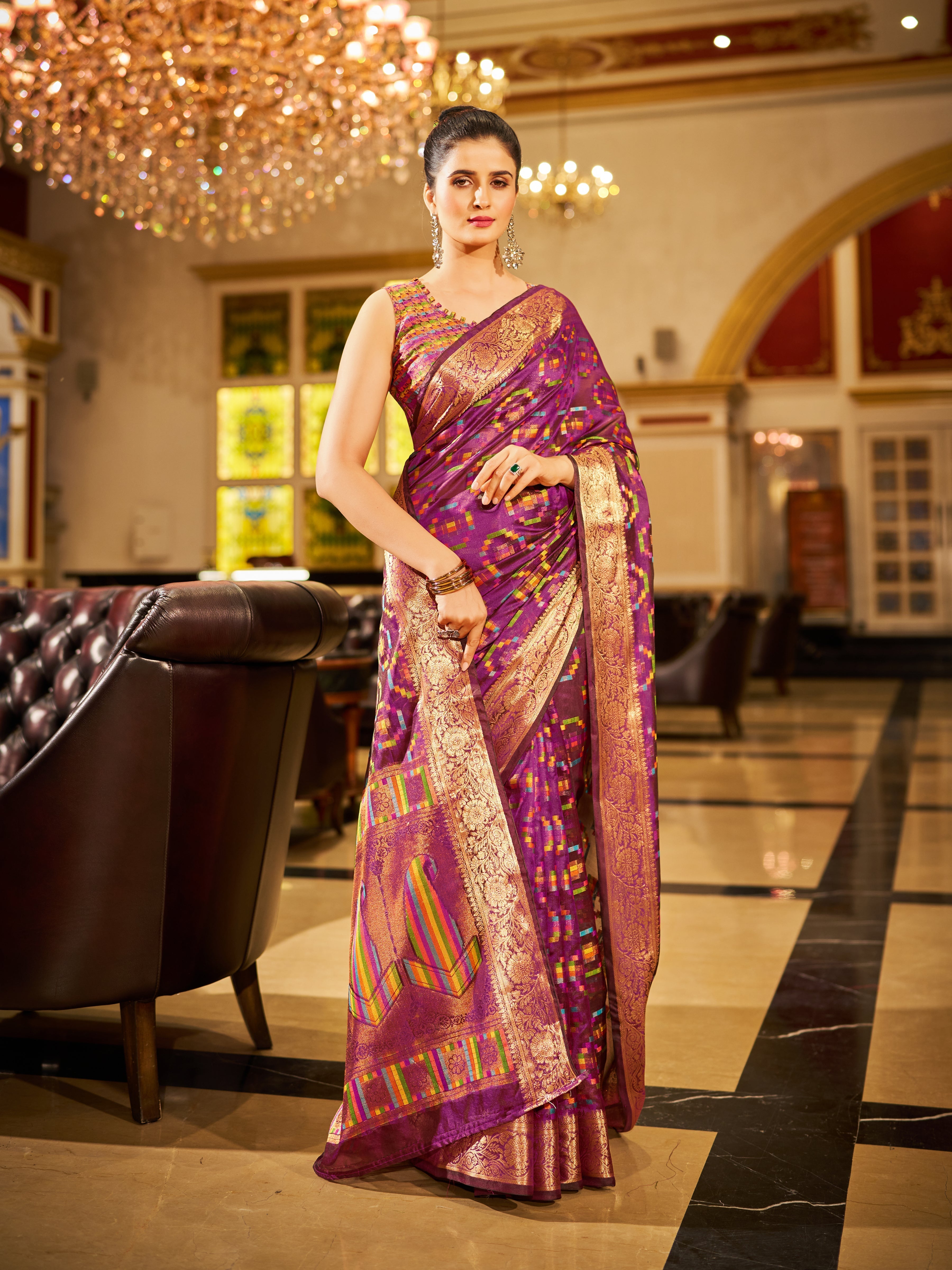 Purple Regal Kanjeevaram Organza Saree with Zari Woven Border