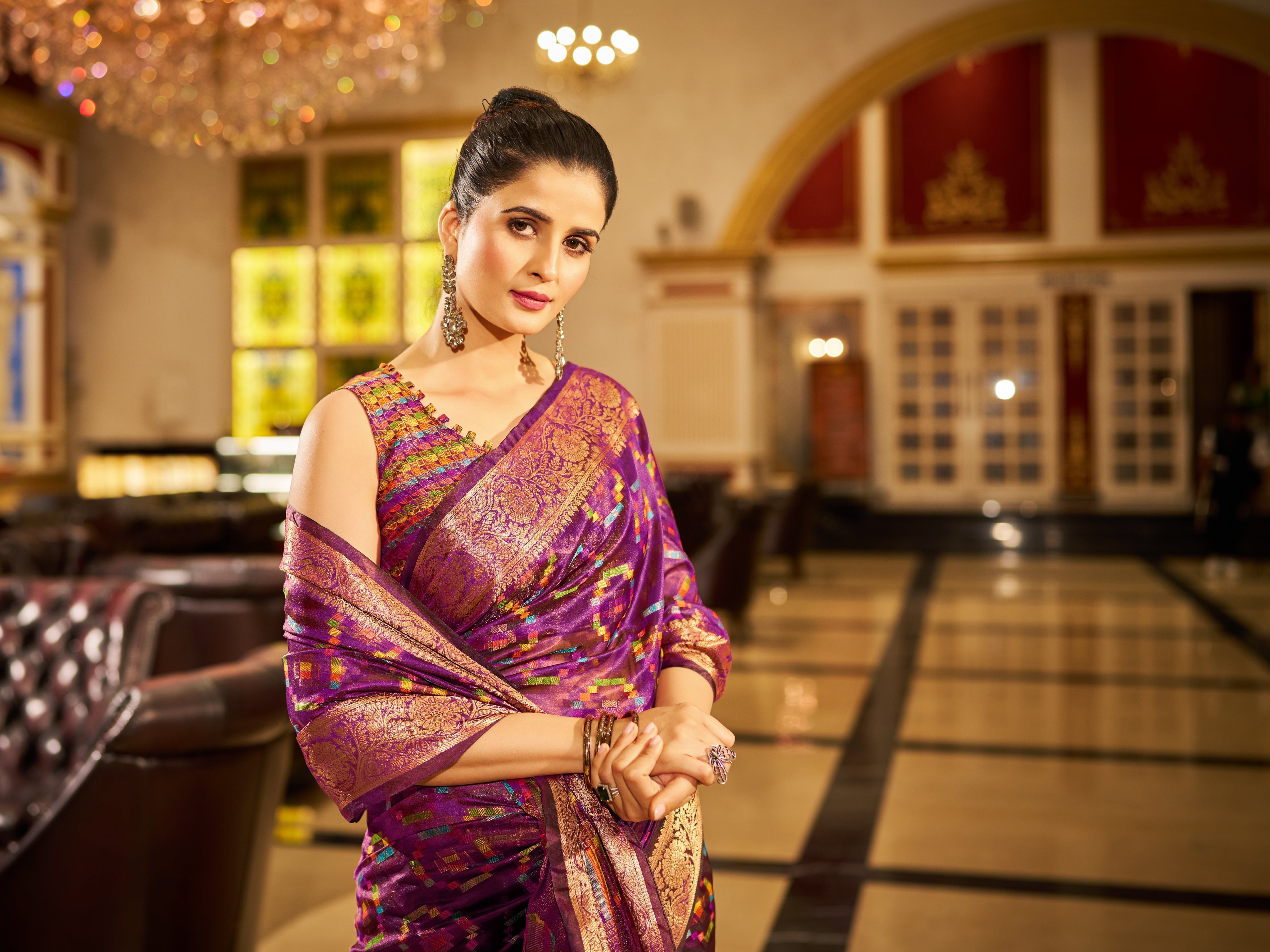 Purple Regal Kanjeevaram Organza Saree with Zari Woven Border