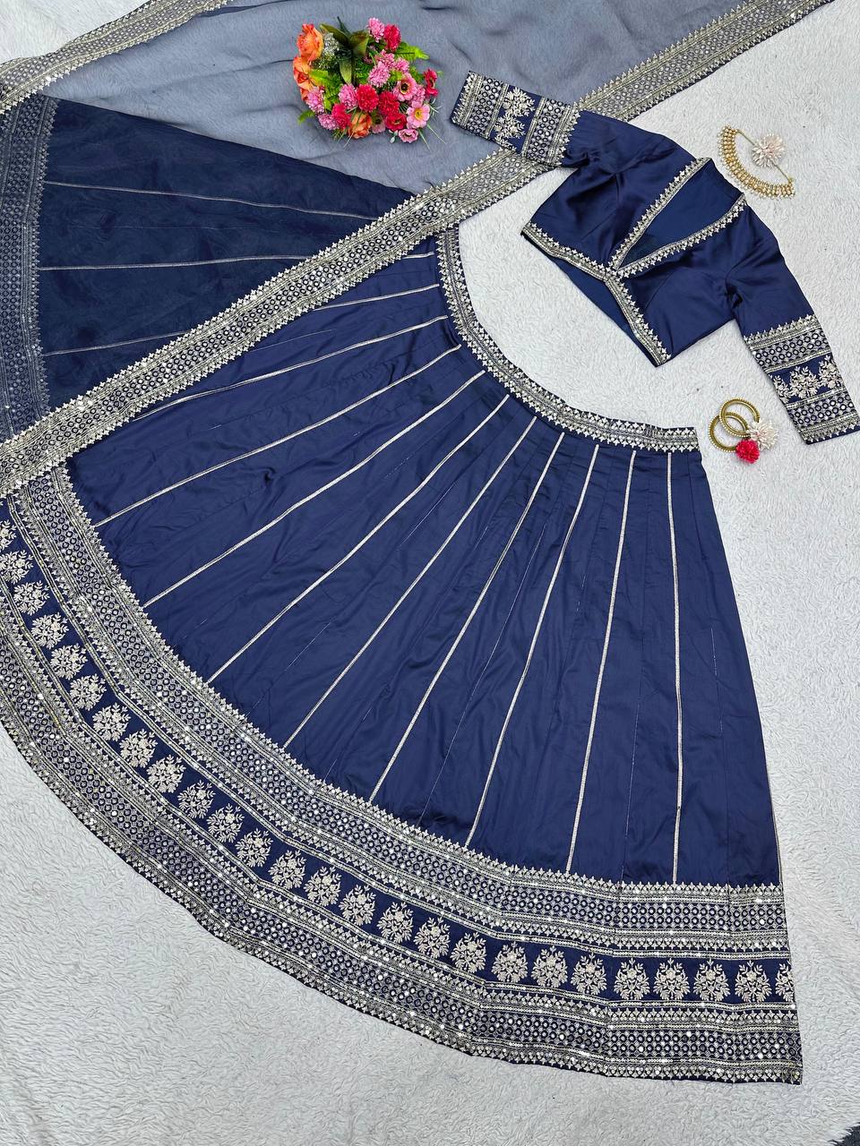 Blue Royal Tapeta Silk Lehenga Set with Sequin Embroidery & Organza Dupatta