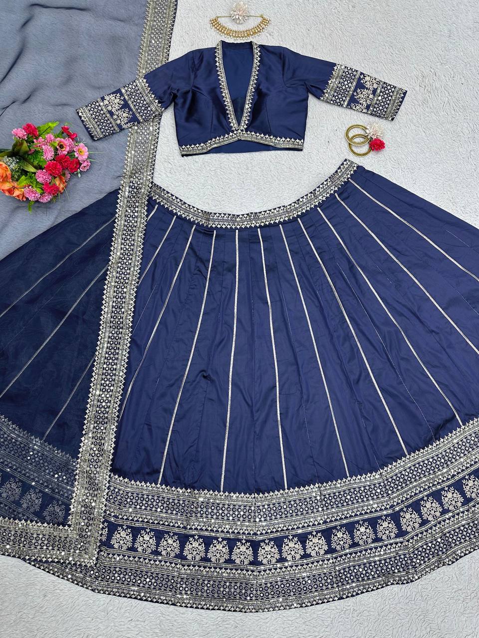 Blue Royal Tapeta Silk Lehenga Set with Sequin Embroidery & Organza Dupatta