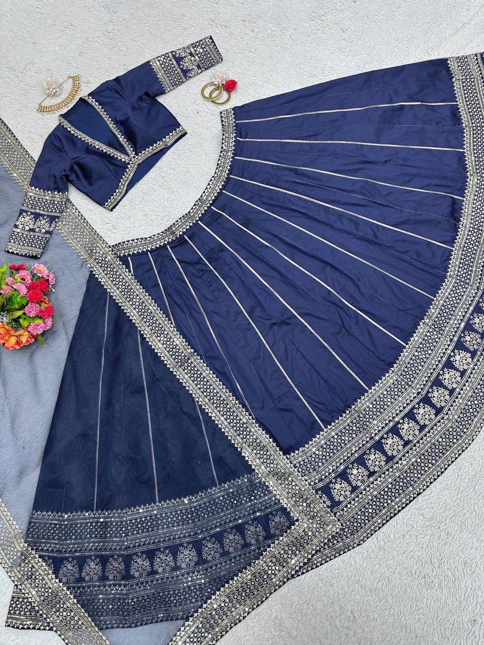 Blue Royal Tapeta Silk Lehenga Set with Sequin Embroidery & Organza Dupatta