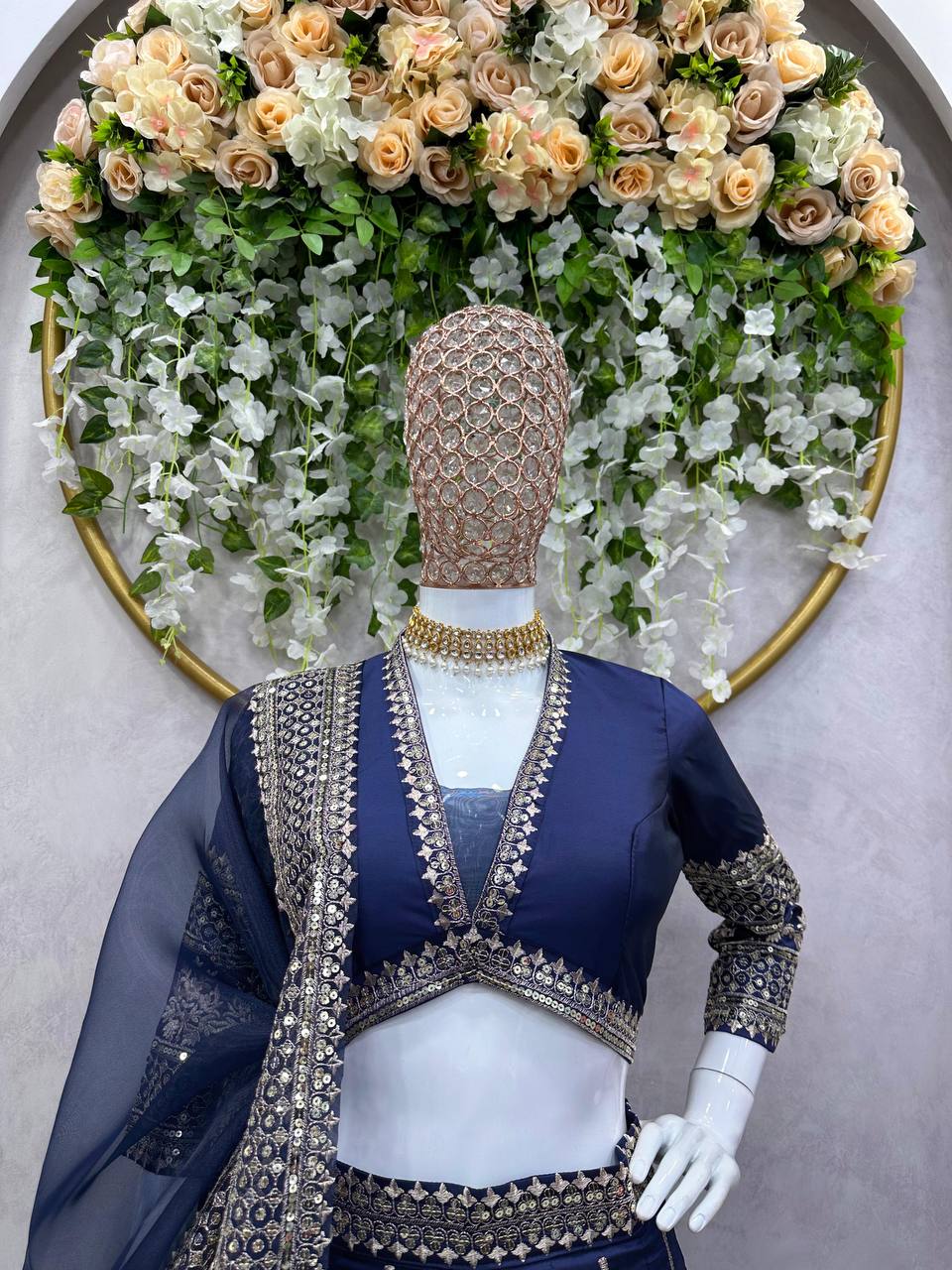 Blue Royal Tapeta Silk Lehenga Set with Sequin Embroidery & Organza Dupatta