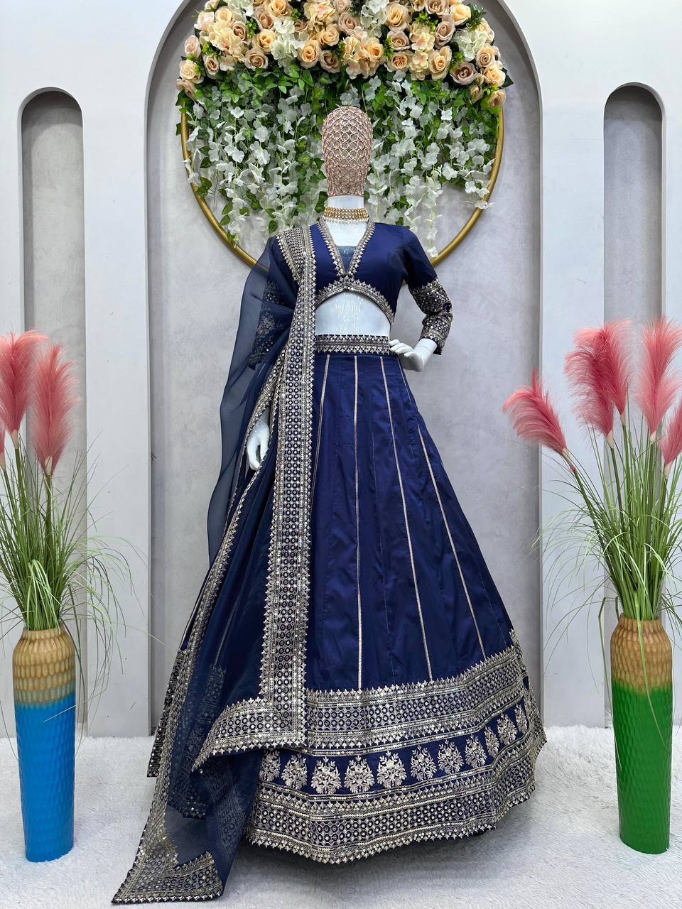 Blue Royal Tapeta Silk Lehenga Set with Sequin Embroidery & Organza Dupatta