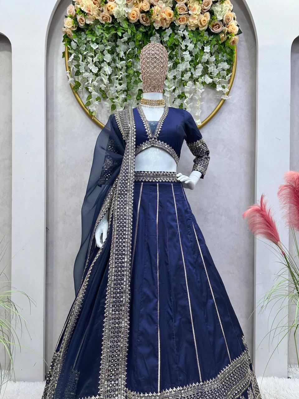 Blue Royal Tapeta Silk Lehenga Set with Sequin Embroidery & Organza Dupatta