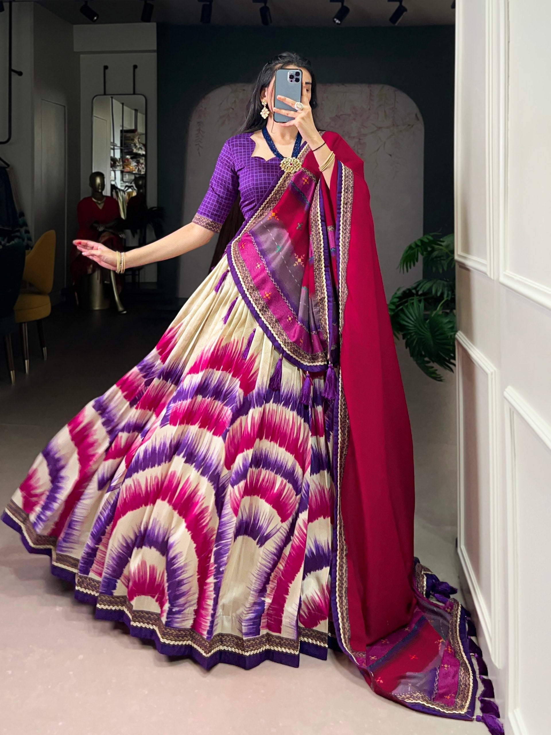 Purple Royal Tie‑Dye Dream Lehenga Set – Handcrafted Tasar Silk with Lace & Tassel Dupatta